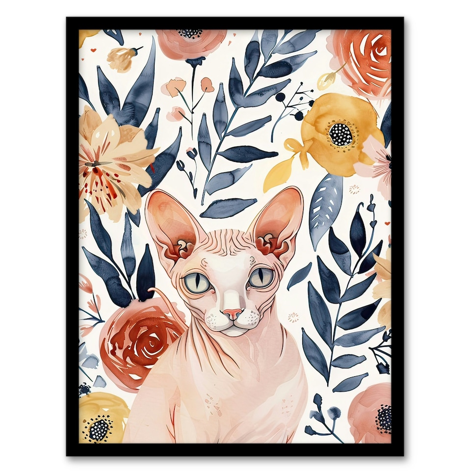 image 1 of Sphynx Cat Lover Floral Watercolour Portrait Black Framed Wall Art Print A4