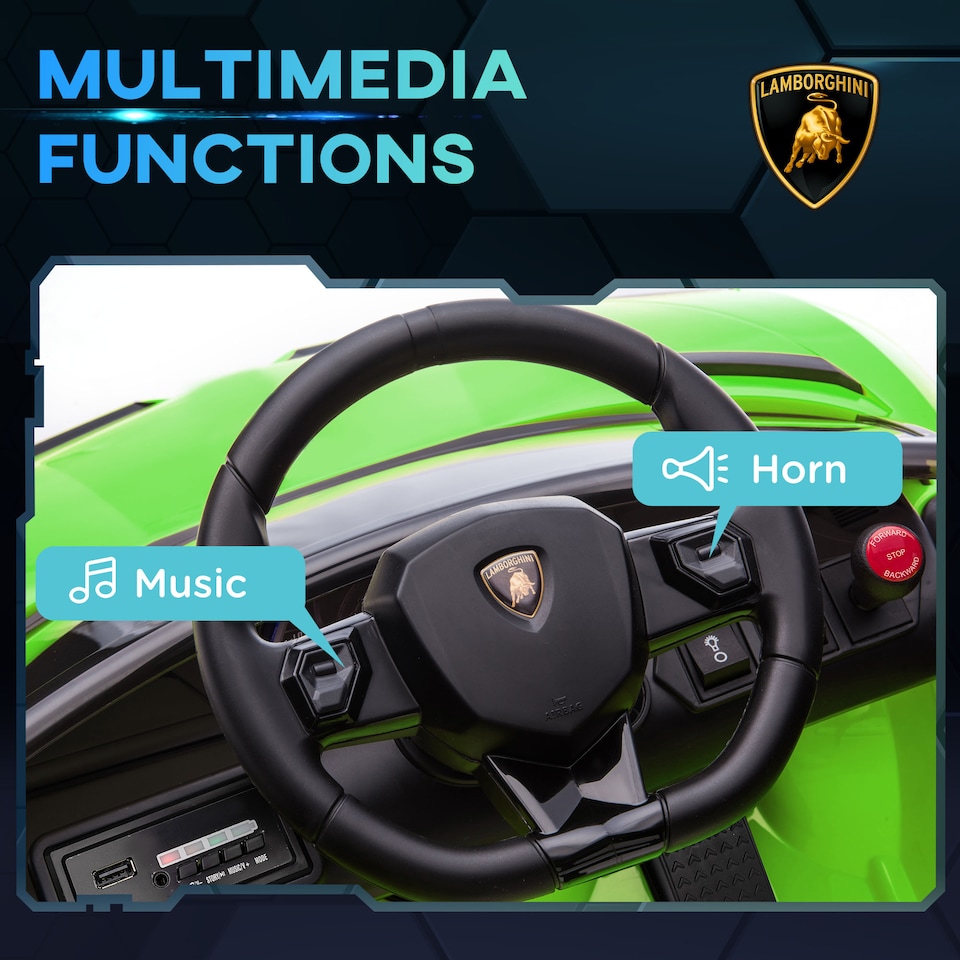 image 1 of HOMCOM Electric Car for Kids Lamborghini Aventador Licensed with Remote Control, 12V Powered Kids' Electric Ride-on with Butterfly Doors, Auxiliary wheels, Music, Horn, Suspension - Green