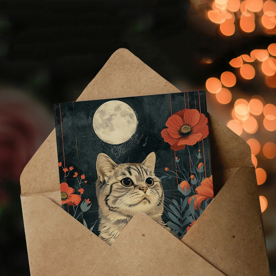 image 1 of Scottish Fold Cat Lover Full Moon Poppy Field Her Birthday Card