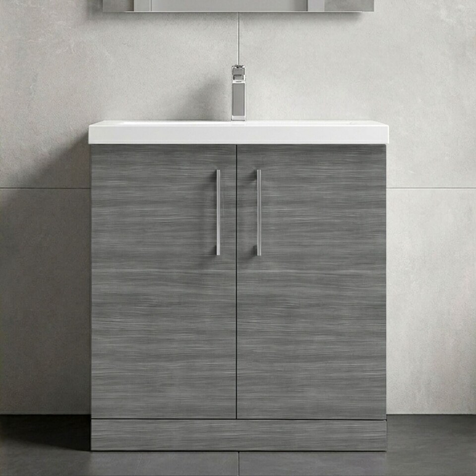 image 1 of Balterley Contemporary Bathroom Floor Standing 2 Soft-Close Door Vanity Unit & Mid-Edge Ceramic Basin | Grey | Anthracite Woodgrain