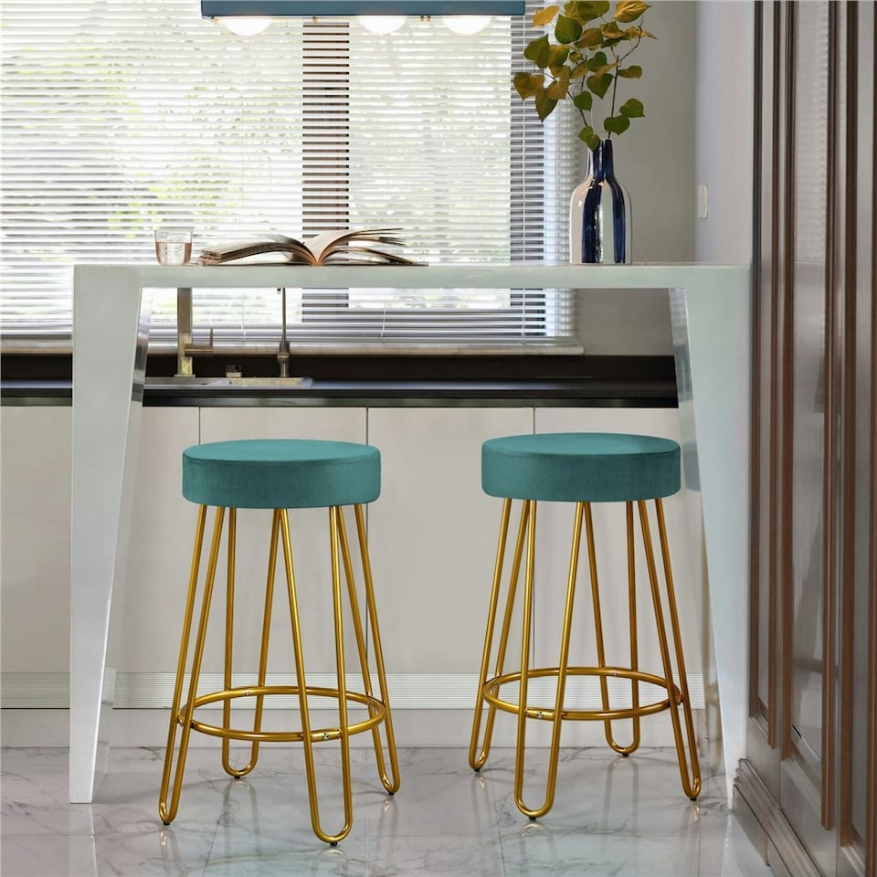 image 1 of Yaheetech 67 cm Tall Upholstered Velvet Counter Stools Blue | Peacock Blue