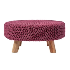 Homescapes Plum Large Round Cotton Knitted Footstool on Legs