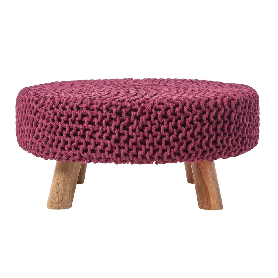 image 1 of Homescapes Plum Large Round Cotton Knitted Footstool on Legs