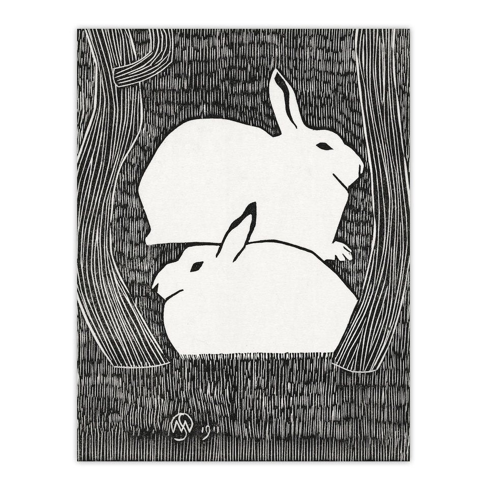 image 1 of Two Stylised Snow Hares Samuel J De Mesquita Wall Art Poster Print 12X16"