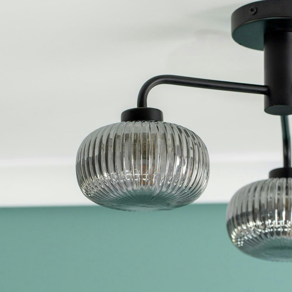 image 1 of ValueLights Amaia Matte Black IP44 3 Way Smoked Ribbed Glass Ceiling Light with LED Bulbs