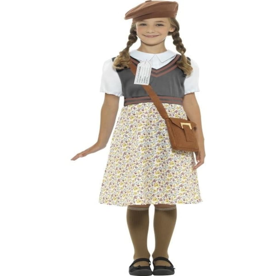 Evacuee School Girl Costume - Grey - with Dress - Hat - Bag & Name Tag - 22483L