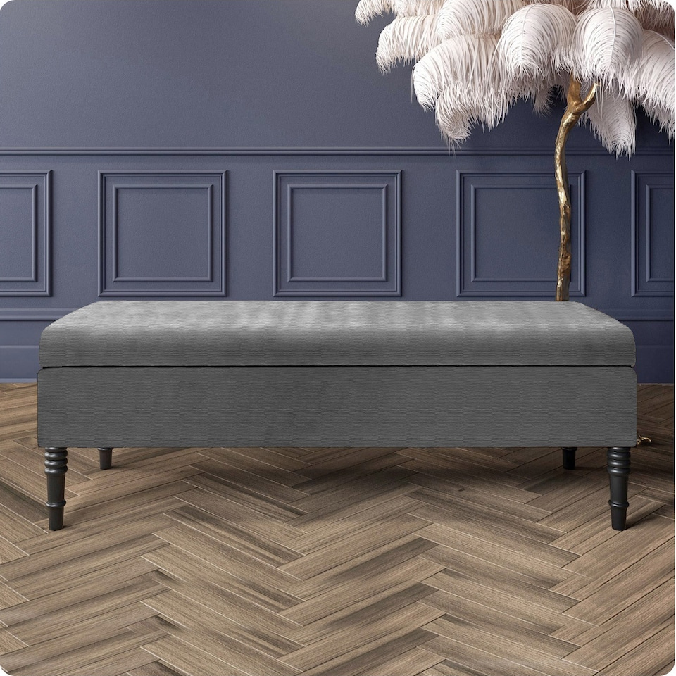 image 1 of 120cm Safar Plain Ottoman Storage Bench -Naples Shoes Bench with Black Turned Wooden Legs - Dark Grey Upholstery Footstool Storage