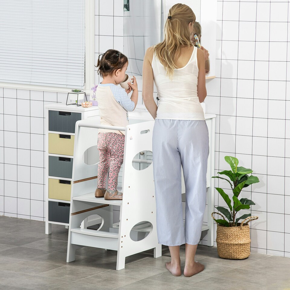 image 1 of HOMCOM Kids Step Stool Toddler Kitchen Stool w/ Adjustable Standing Platform White
