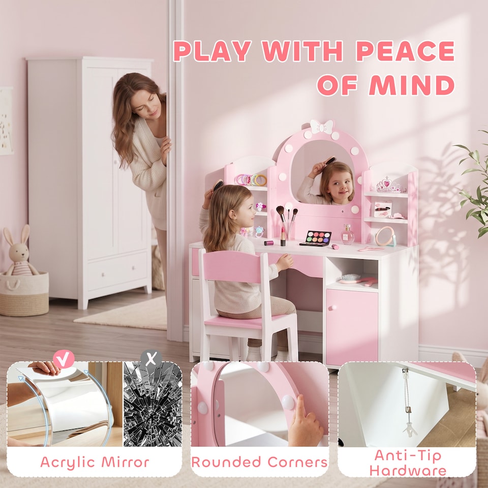 image 1 of AIYAPLAY Kids Dressing Table with Stool, Lighted Mirror, Pink
