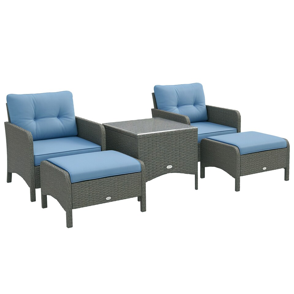 image 1 of Outsunny 5 Pieces Outdoor Patio Furniture Set Wicker Conversation Set Blue