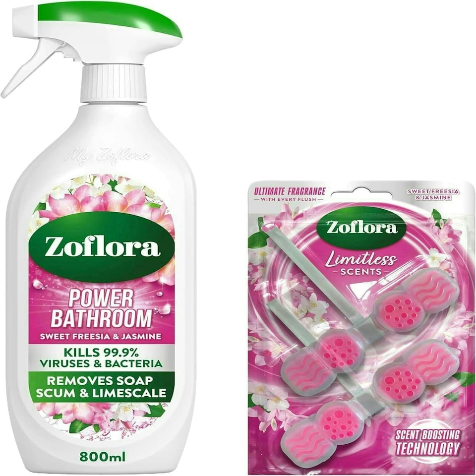 image 1 of Zoflora Sweet Freesia & Jasmine Bundle - Power Bathroom Cleaner 800 ml & Rim Blocks, 2 x 131g Pack