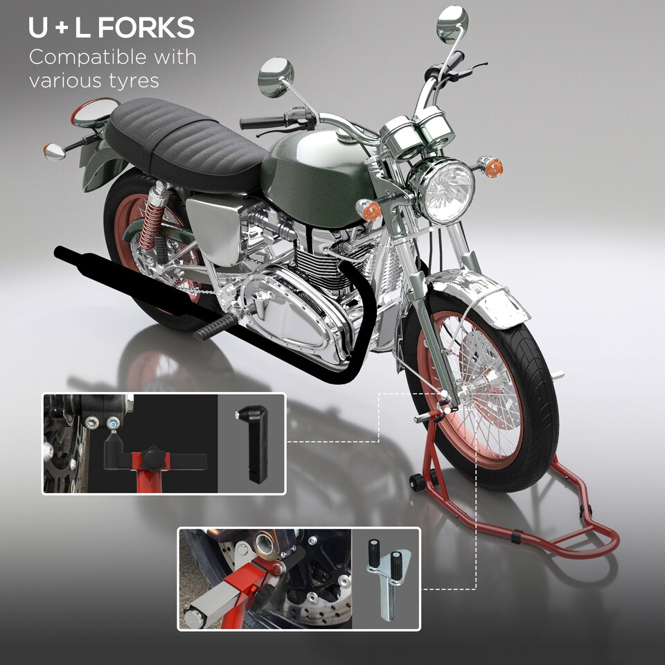 image 1 of HOMCOM Front Motorcycle Paddock Stand Motorbike Stand with Anti-Slip Mat, U-Shaped and L-Shaped Adapters, 200 kg Capacity, for 18", 17" and 10" Tyre, Red