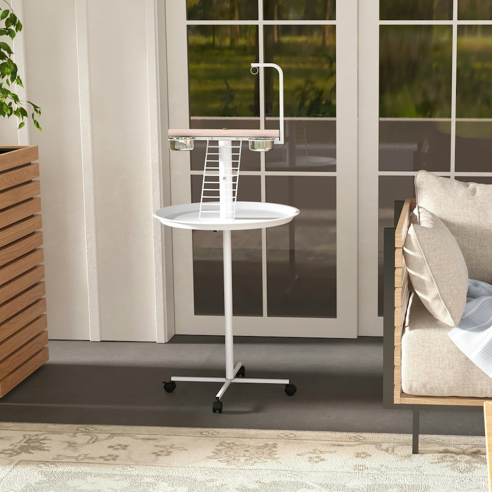 image 1 of PawHut Bird Table with Four Wheels, Perches, Stainless Steel Bowls, Round Tray