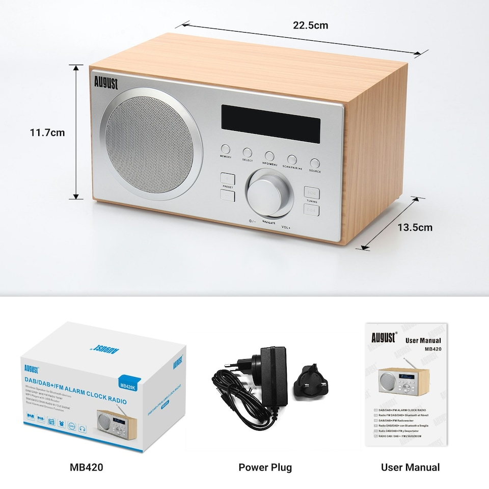 image 1 of Bluetooth Speaker with DAB/DAB+/FM Radio, Dual Alarm Clock, USB MP3 Playback & AUX-In – August MB420K