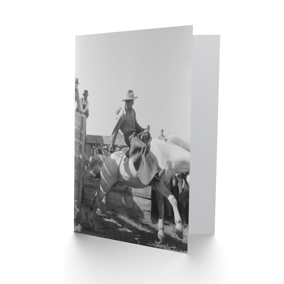 image 1 of Russell Lee Cowboy at Bean Day Rodeo Action Shot Art Greeting Card