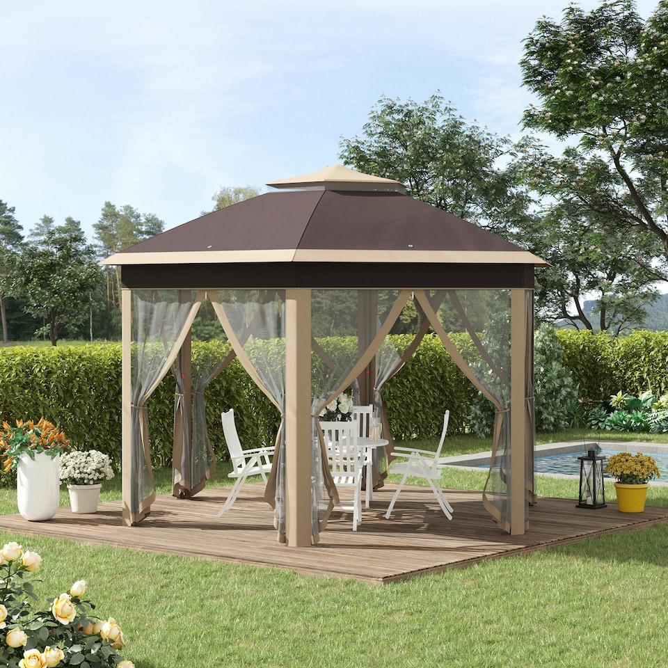image 1 of Outsunny 3x4m Hexagon Gazebo w/ Mesh Curtains Outdoor Garden, Khaki