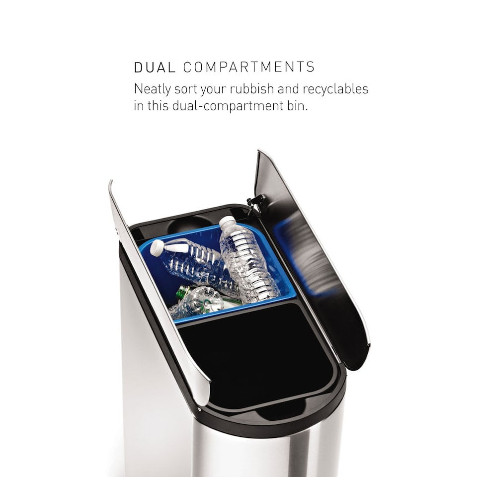 image 1 of Simplehuman 40L Slim Butterfly Recycling Kitchen Pedal Bin, Brushed Stainless Steel