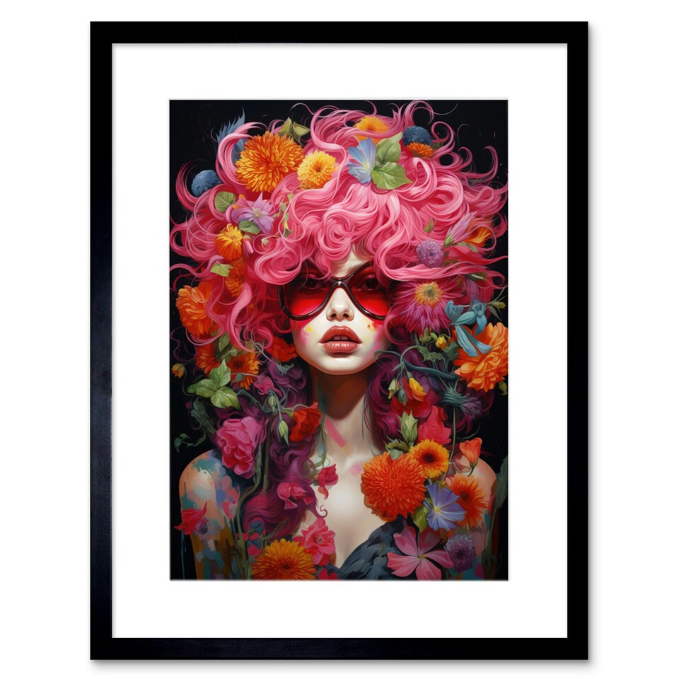 image 1 of Flower Punk Woman Pink Hair Flowers Vibrant 9x7" Black Framed Wall Art Print