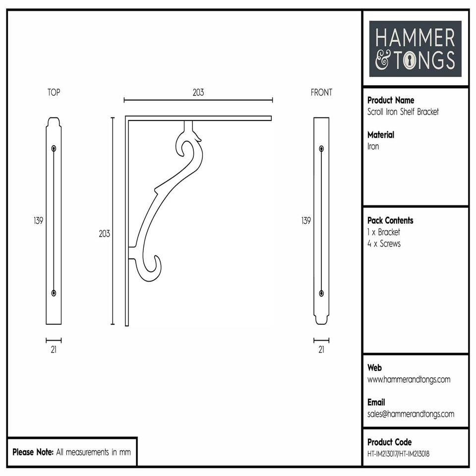 image 1 of Hammer & Tongs Scroll Iron Shelf Bracket - D205mm - Raw