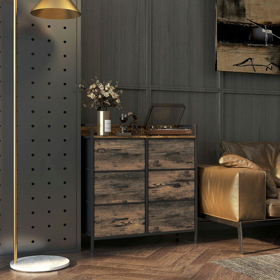 image 1 of HOMCOM Bedroom Chest of Drawers 6 Drawer Dresser w/ Shelf, Grey Wood Effect