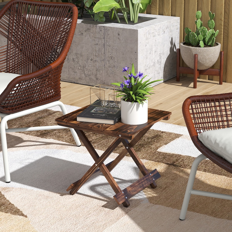 image 1 of Outsunny Wooden Folding Garden Table, Folding Side Table | Brown | Carbonised finish | 43 x 40 x 40 cm