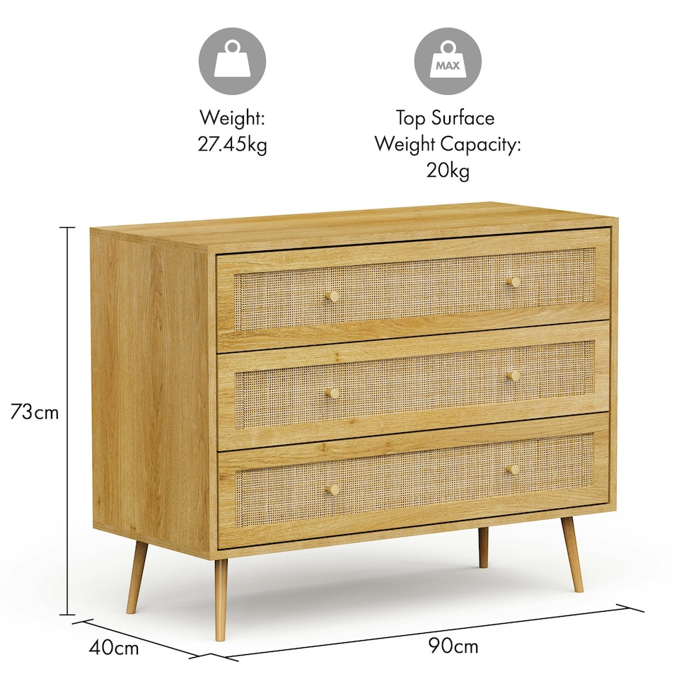 image 1 of VonHaus Rattan Chest of 3 Drawers Brown