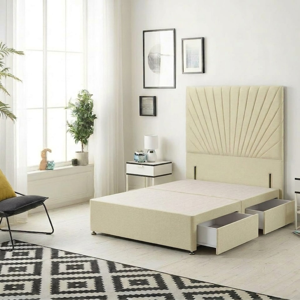 image 1 of Sunburst Divan Bed with 2 Drawers & 54'' Floor Standing Headboard Linen Fabric | Yellow | Beige