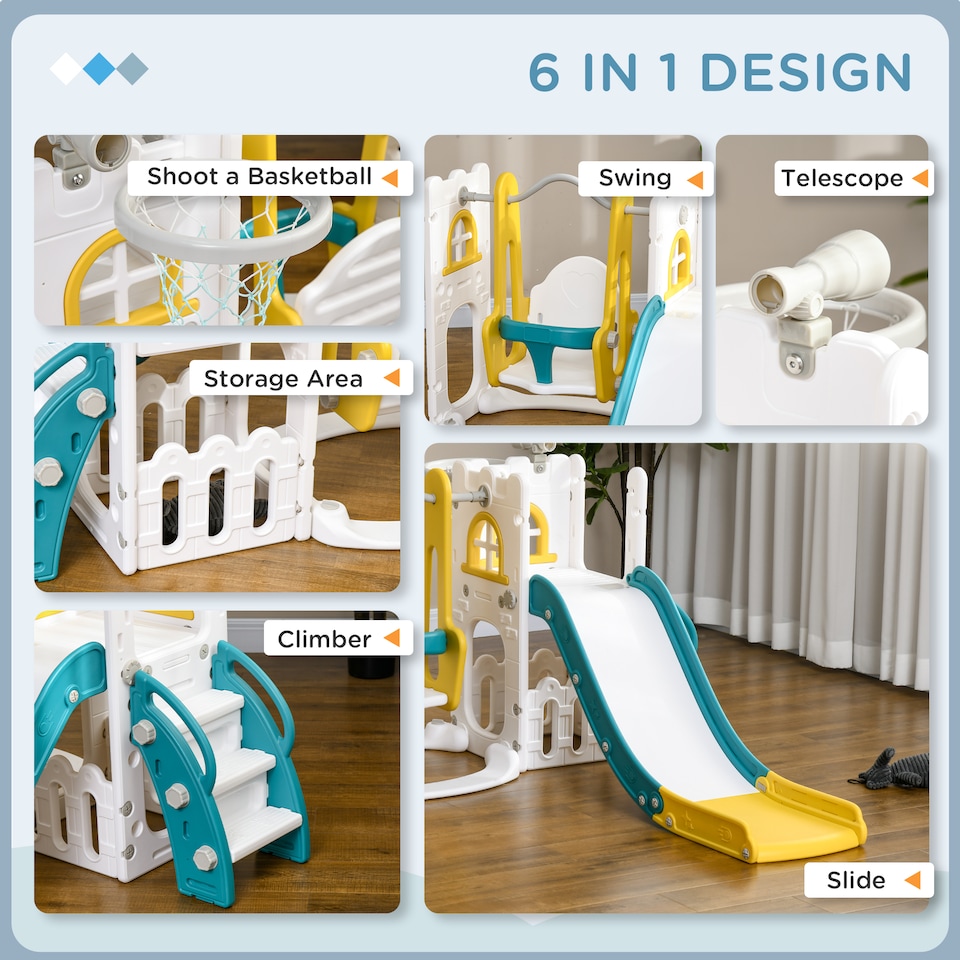 image 1 of AIYAPLAY 6-in-1 Toddler Climber and Set w/ Basketball Hoop, Telescope Yellow