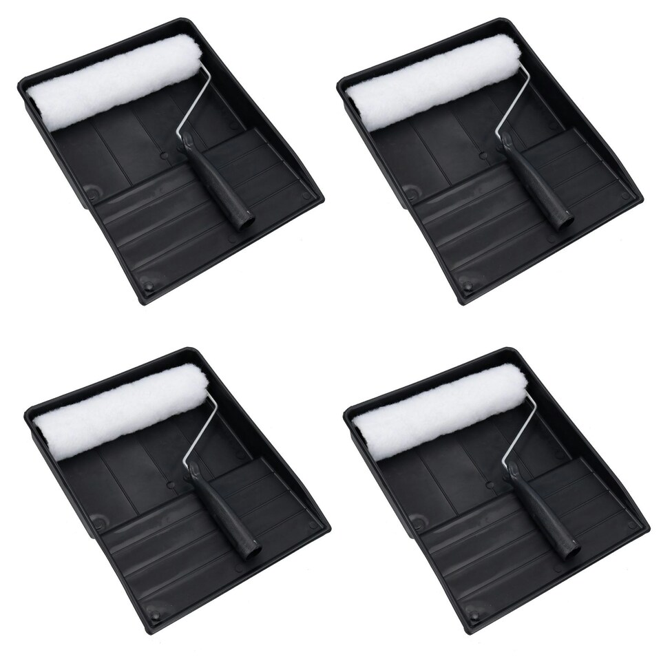 image 1 of 9" Painting Decorating Paint Tray and Wool Type Roller Egg Shell Gloss Paints 4pk