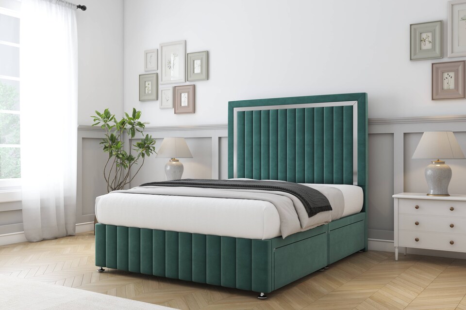 image 1 of Sloomy Boston Chrome Emerald Plush Divan Bed Base 2 Drawers Right Side With 54 Inch Floor Standing Headboard & 12 Inch Matching Footboard | Green | Emerald | King | 1