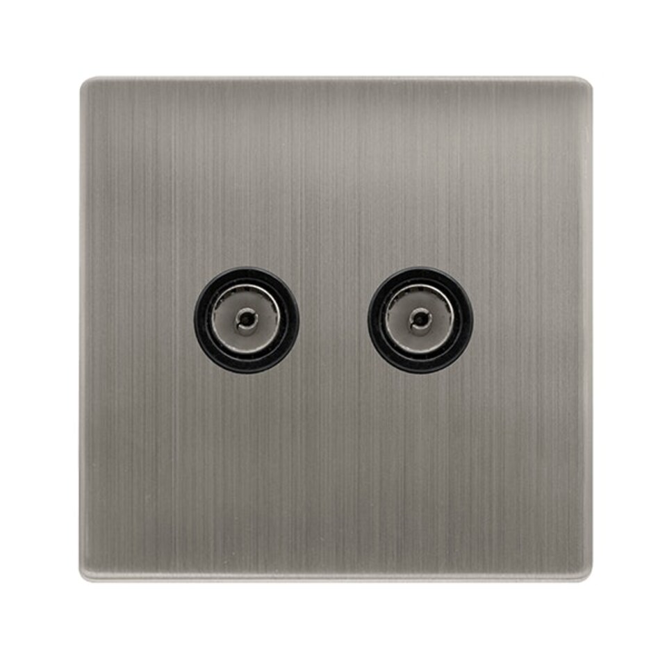 SE HOME Stainless Steel Screwless Plate 2 Gang Twin Coaxial TV Socket - Black Trim - SE Home Black | Stainless Steel