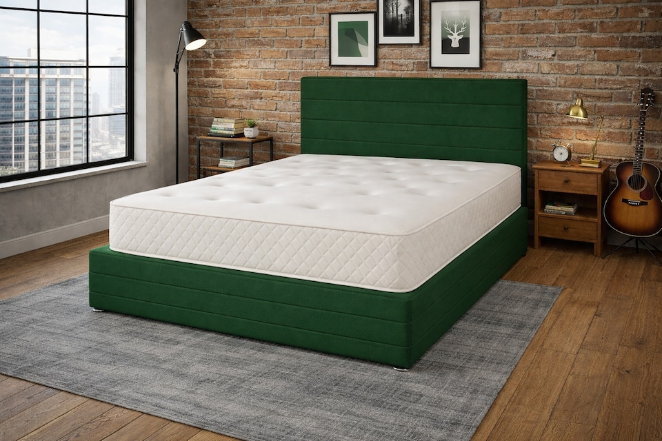 image 1 of Divan Bed Set Headboard and Footboard with Mattress 2ft6 Small Single Dark Green Suede Storage 2 Drawers Left Side Laying in Bed