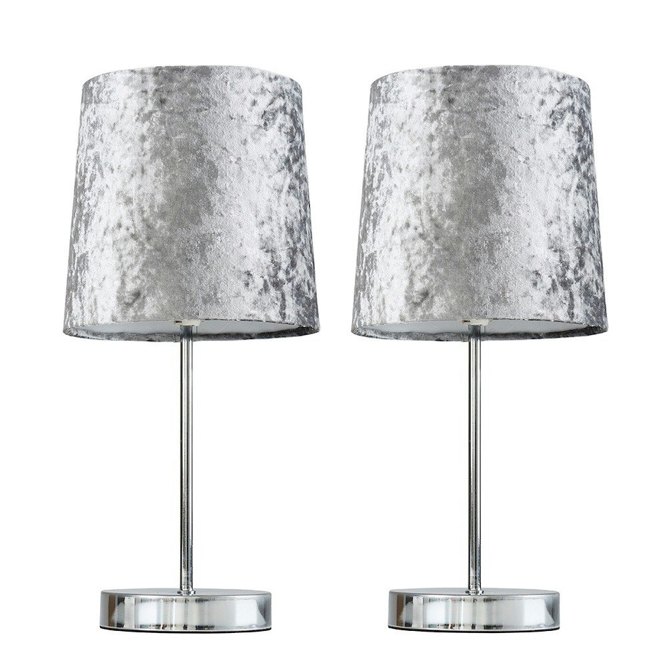 image 1 of ValueLights Pair of - Polished Chrome Table Lamps with a Silver Grey Velvet Shade - Complete with 4w LED Bulbs 3000K Warm White