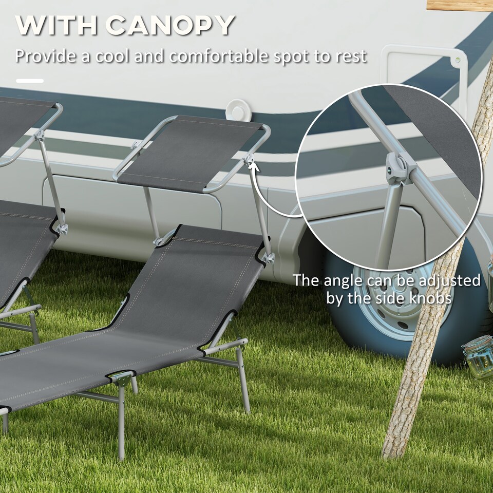 image 1 of Outsunny Folding Sun Lounger Set of 2 w/ Sunshade Adjustable Backrest Grey