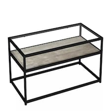 Glass Display Top Coffee Table with Steel Frame Reversible Wooden Storage Shelf | Black | Concrete