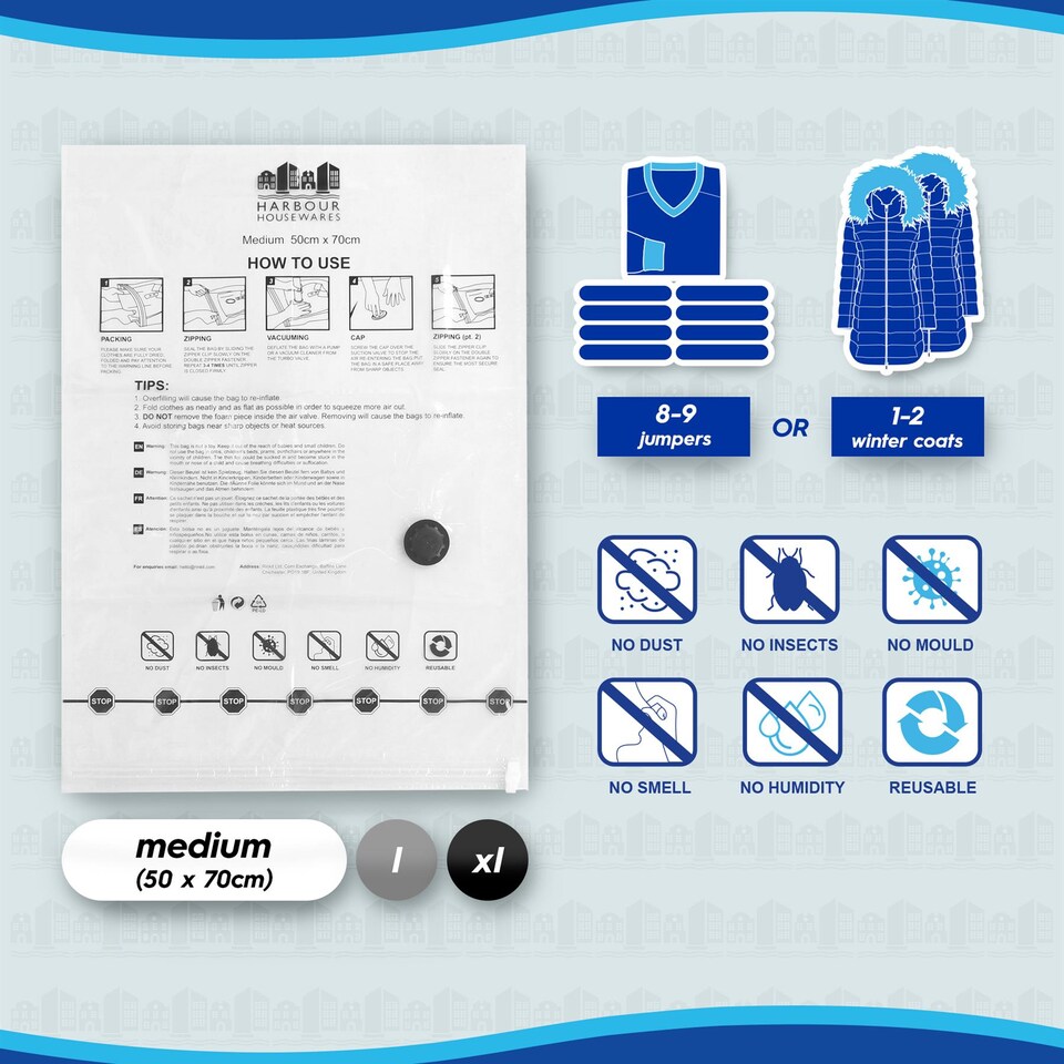 image 1 of Harbour Housewares 5x Vacuum Storage Bags - M (50 x 70cm) - Reusable Clothes Suction Space Saver Organiser Zip Lock Luggage Bag | White | White | Medium | 5