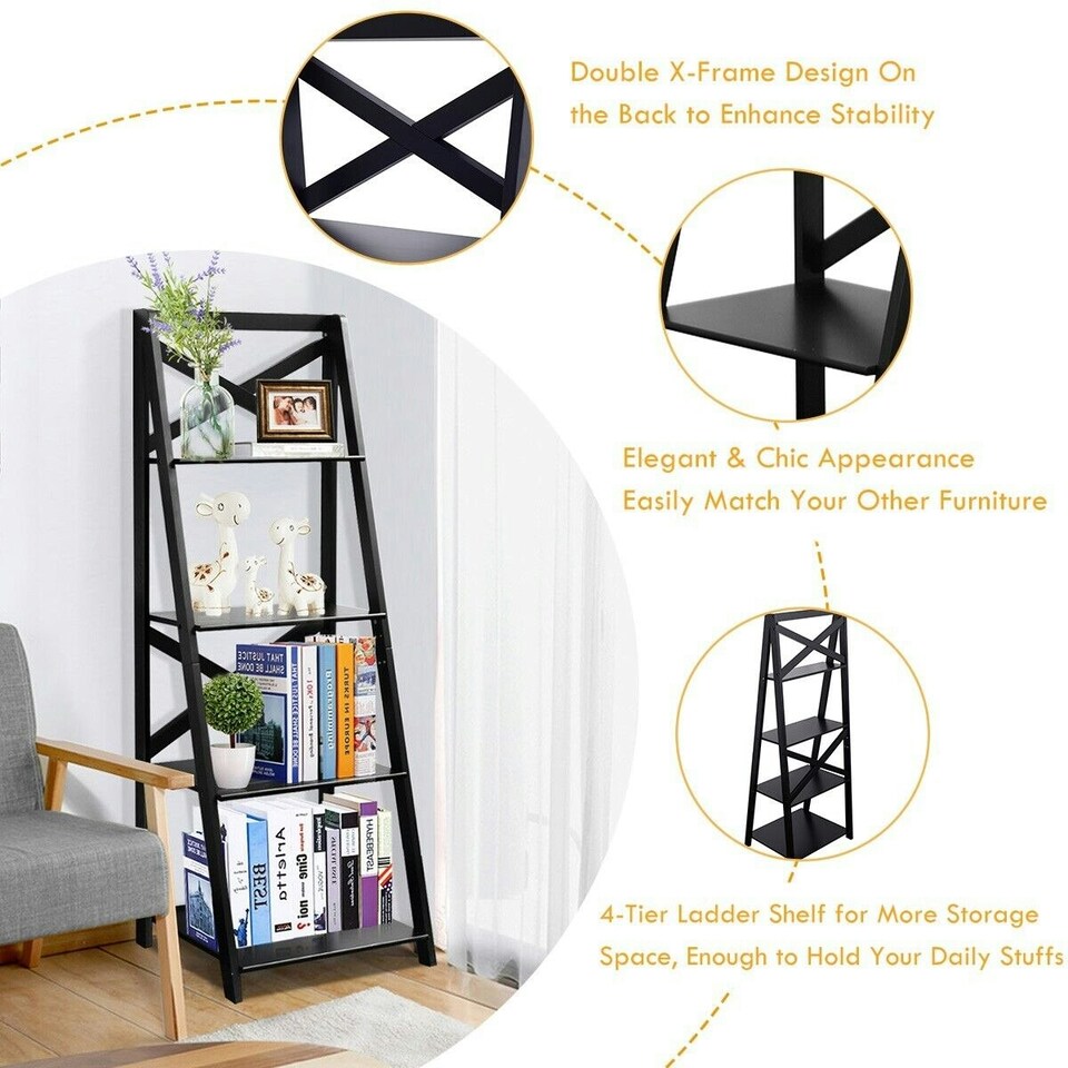 image 1 of COSTWAY 4 Tier Ladder Shelf Storage Wooden Bookcase Black Black