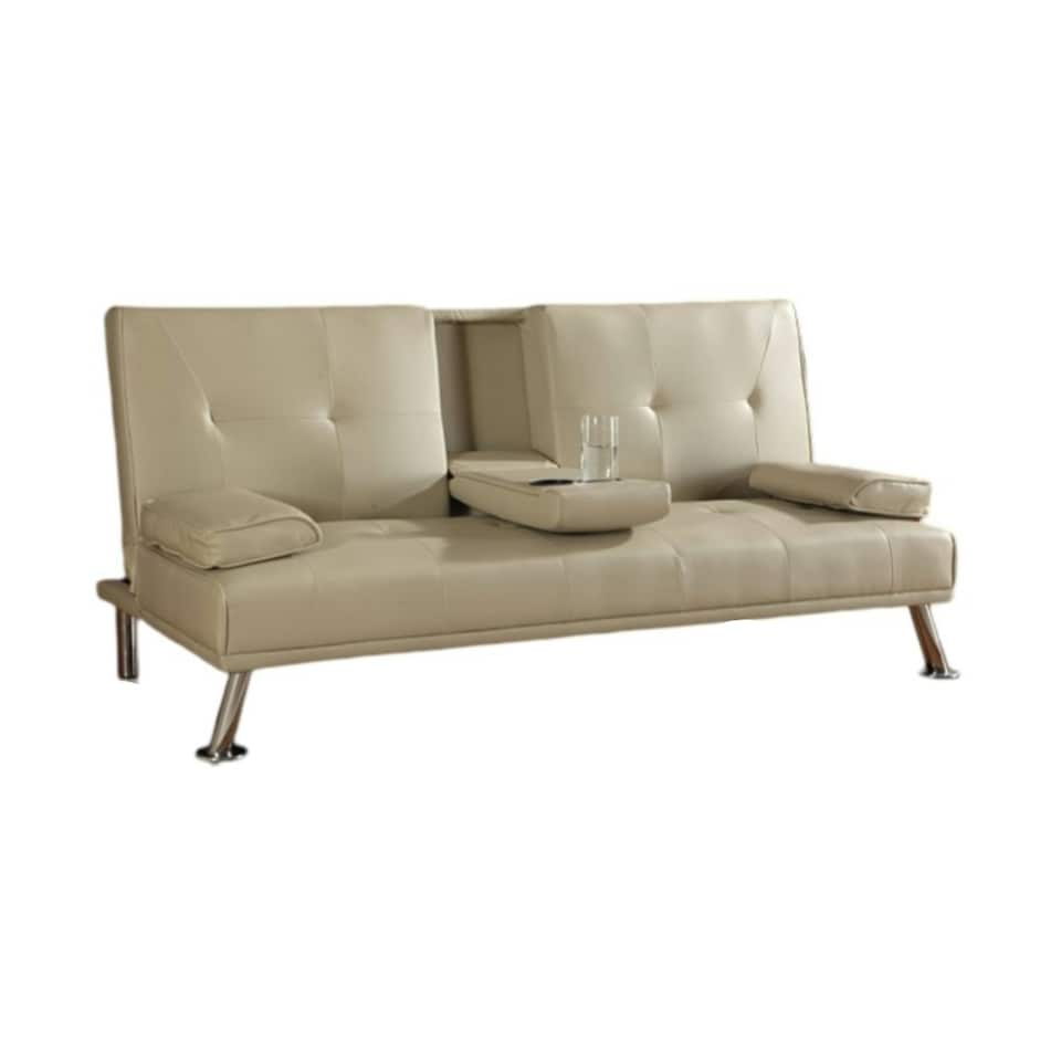 image 1 of Faux Leather Clic Clac  Luxury Sofa Bed with Drink Cup Holder In Cream