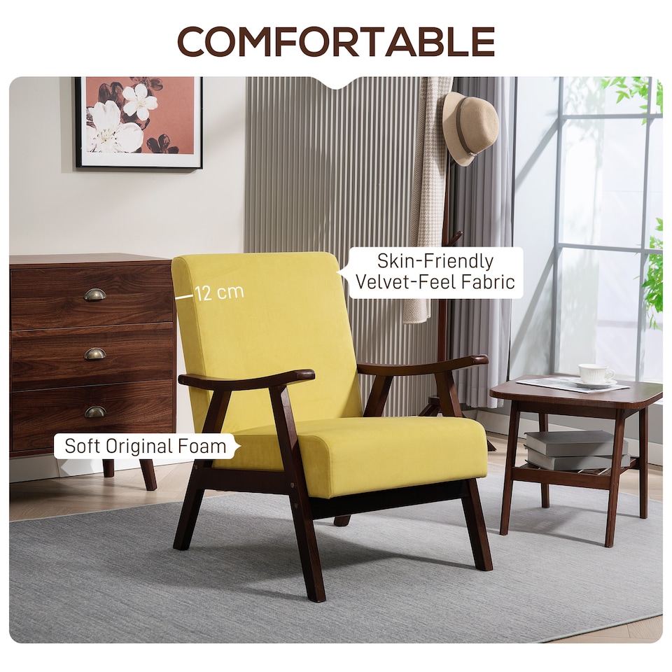 image 1 of HOMCOM Nordic Accent Chair, Upholstered Velvet Armchair with Solid Wood Frame and Soft Thick Padded for Living Room, Bedroom, Champagne | Yellow | Yellow