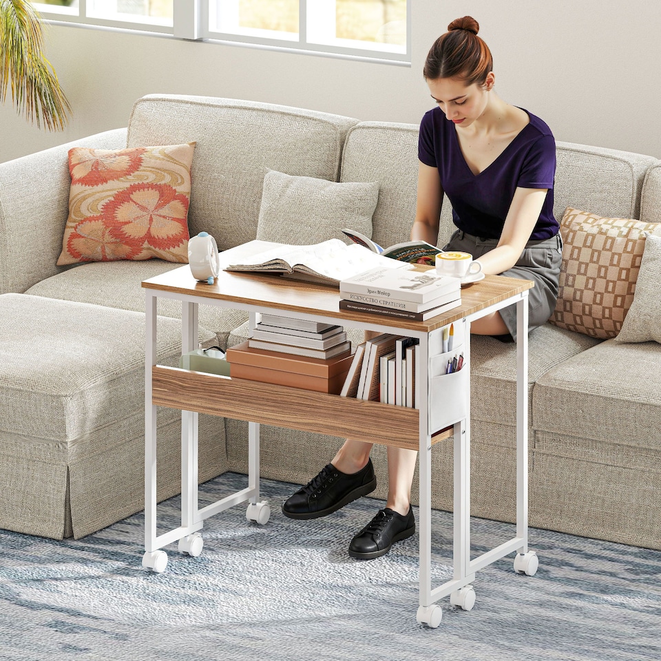 image 1 of HOMCOM Folding Desk with Storage Shelf and Bag, 80 cm Foldable Computer Desk for Small Spaces, Space Saving Writing Table on Wheels for Home Office, Bedroom, Easy Assembly, Natural Wood Finish | Yellow