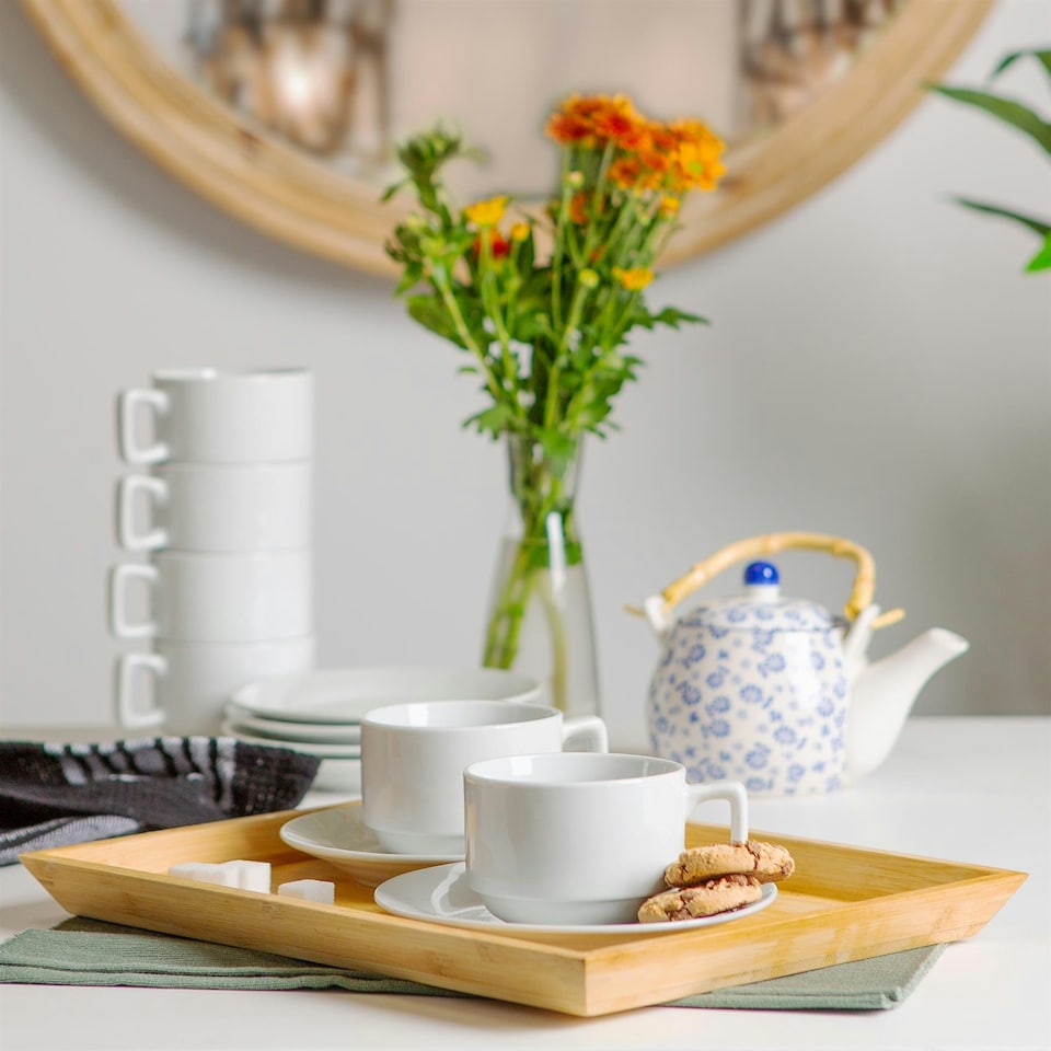 image 1 of Argon Tableware 48 Piece Classic White Stacking Teacup & Saucer Set - 200ml - Tea Cup Saucer Coffee Cup Cappuccino Cup Drinking Mug