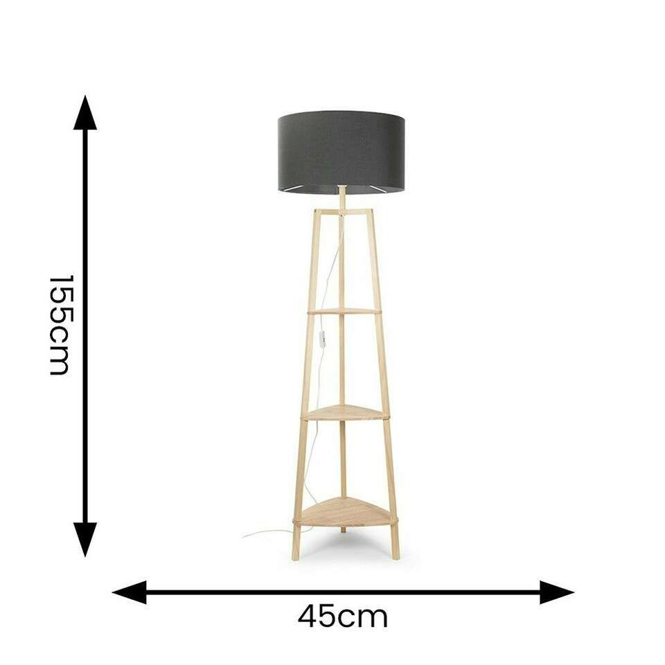 image 1 of ValueLights Hiru Wooden 3 Tier Shelf Floor Lamp Charcoal Shade & Bulb Grey