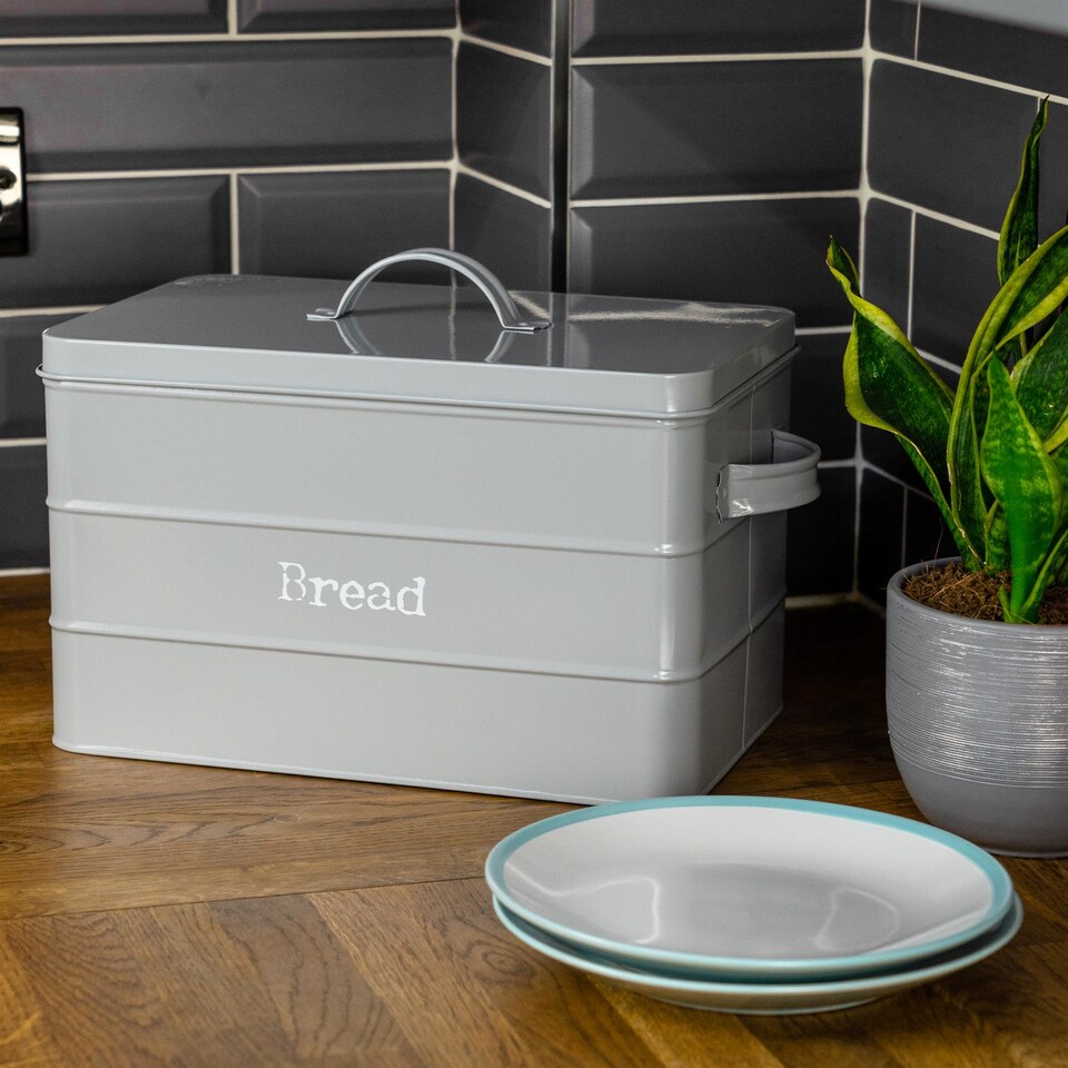 image 1 of Harbour Housewares Vintage Metal Kitchen Bread Bin - Grey