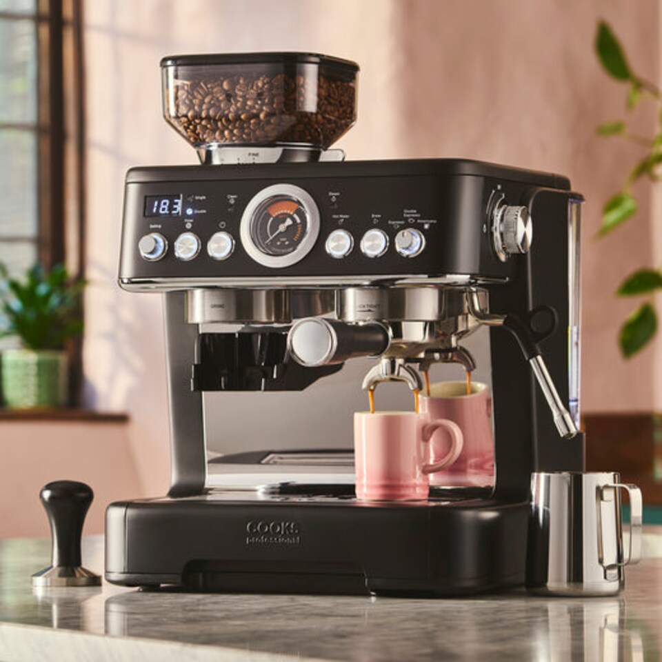 image 1 of Cooks Professional Bean-To-Cup Espresso Coffee Machine with Grinder, Steam Wand & Accessories | Black