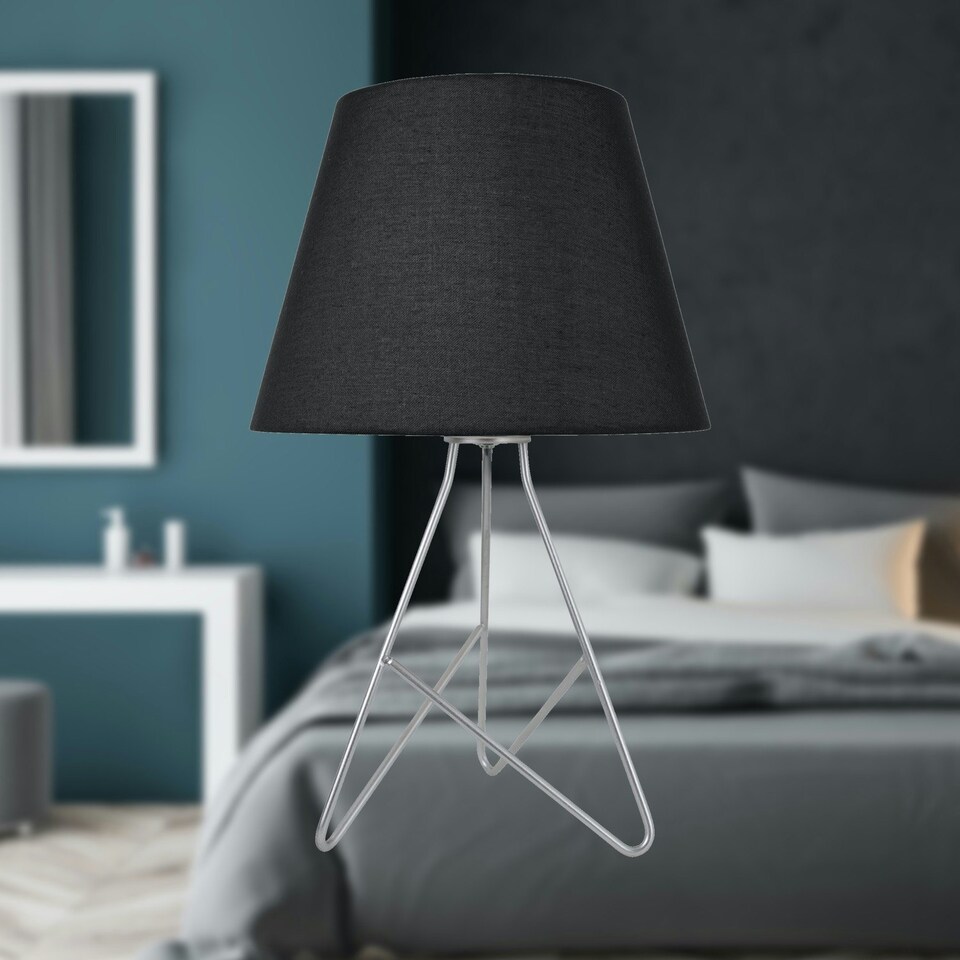 image 1 of Set of 2 Tripod - Silver 42cm Table Lamps With Black Fabric Shades Silver | Black