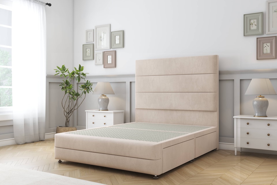 image 1 of Sloomy Monaco Sand Naples Divan Bed Base 4 Drawers With 26 Inch Strutted Headboard & 12 Inch Matching Footboard | Cream | Sand | Double | 1