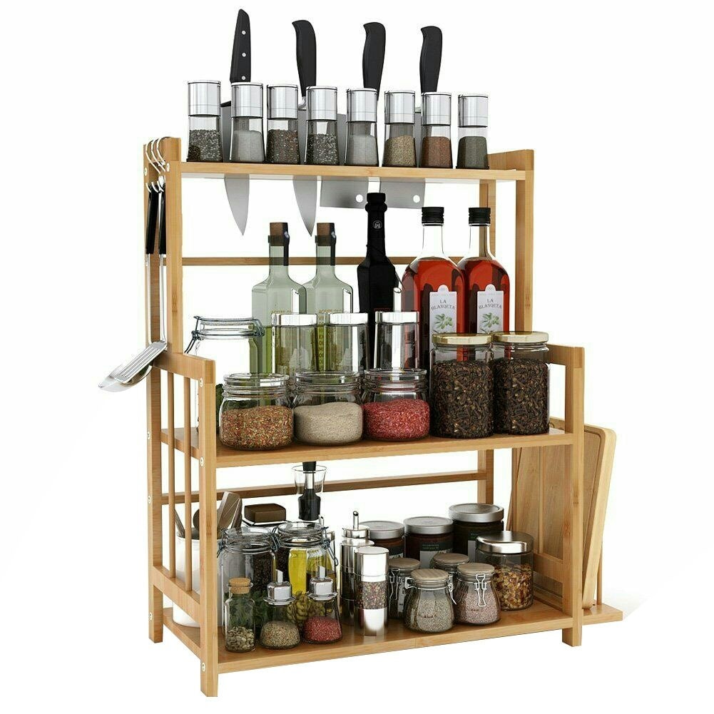 Living and Home 3-Tier Freestanding Bamboo Spice Rack Storage Organizer with Knife Holder for Kitchen