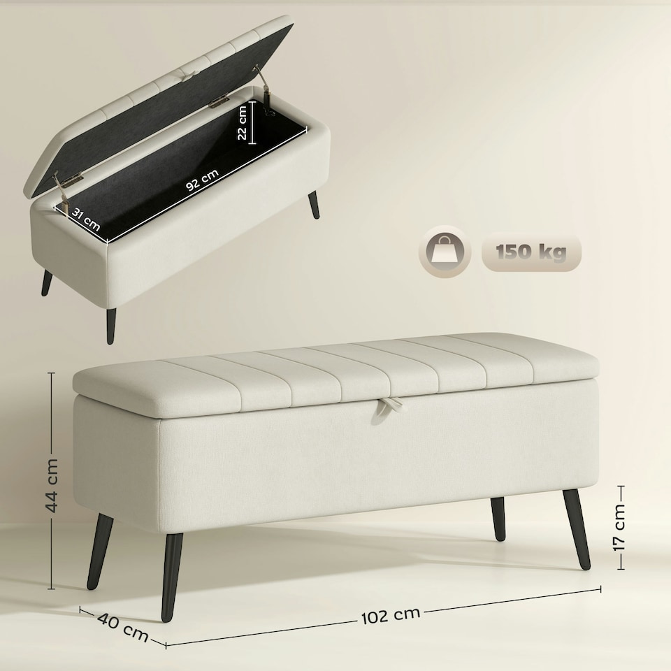 image 1 of HOMCOM Storage Ottoman Bench, Linen Fabric Footstool with Steel Legs Cream White