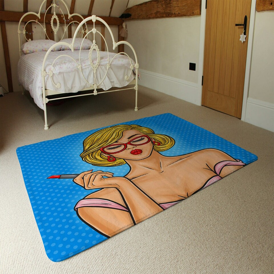 image 1 of Pop art illustration woman paints her lips (Rug) Blue | XL