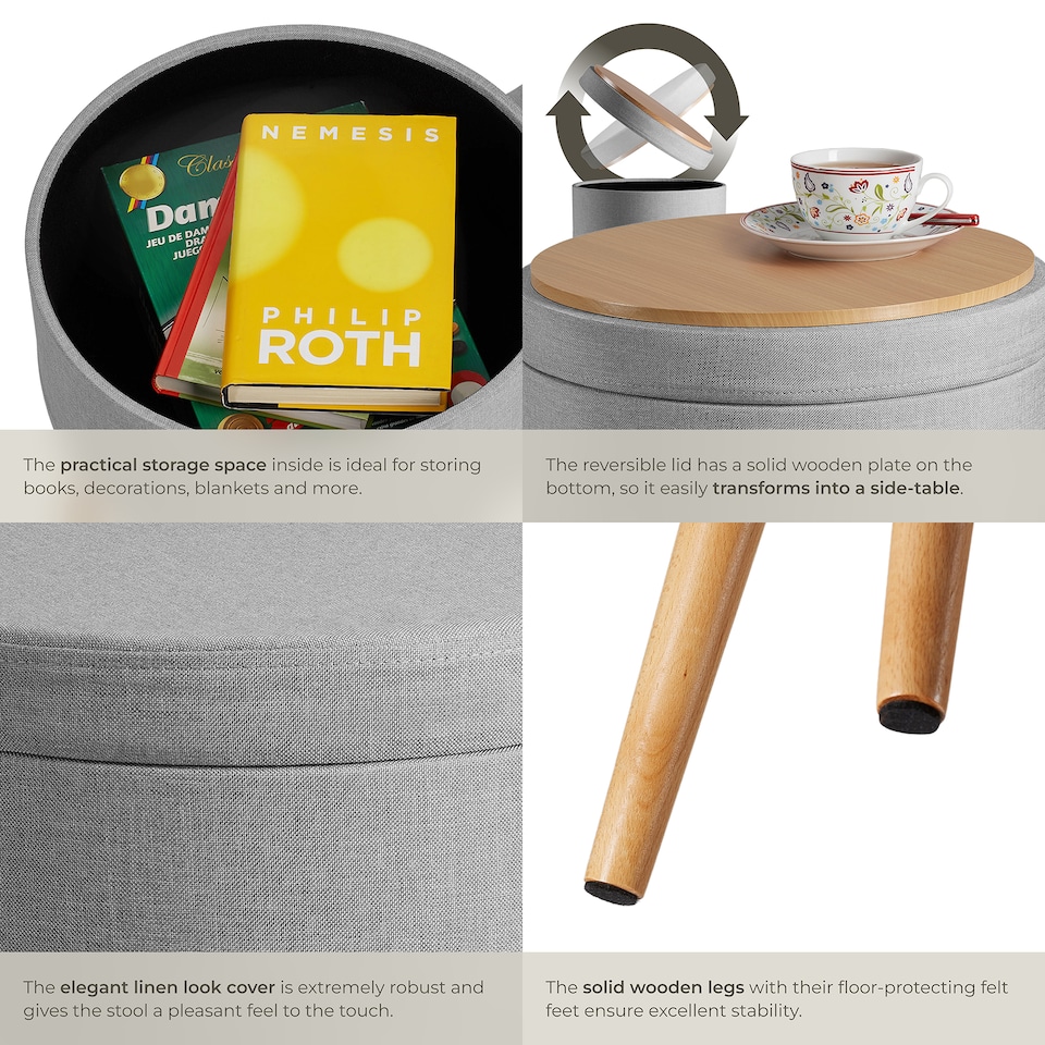 image 1 of Stool Yara - round, padded, with storage space, linen look | Grey | light grey | 42,50 x 42,50 x 45,50 cm | 1